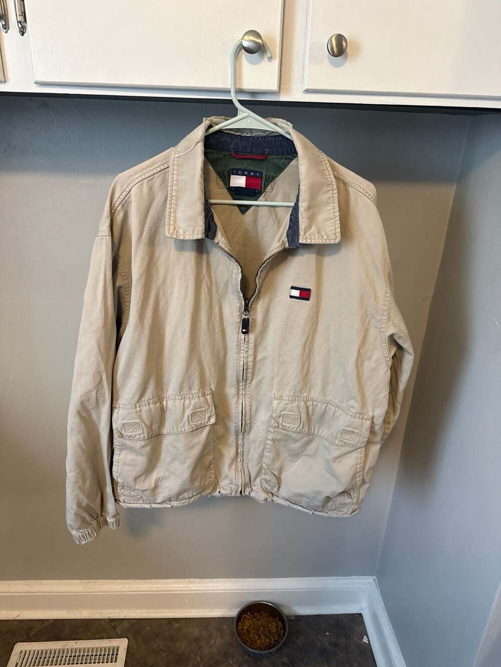 Vintage 90s Tommy Hilfiger Tan Canvas Big Flag Harrington Jacket Size L